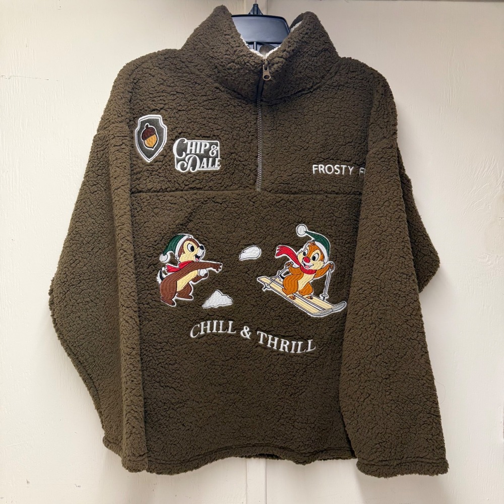 Disney Classics Chip & Dale Sherpa Quarter Zip Fleece Pullover Brown XL NWT